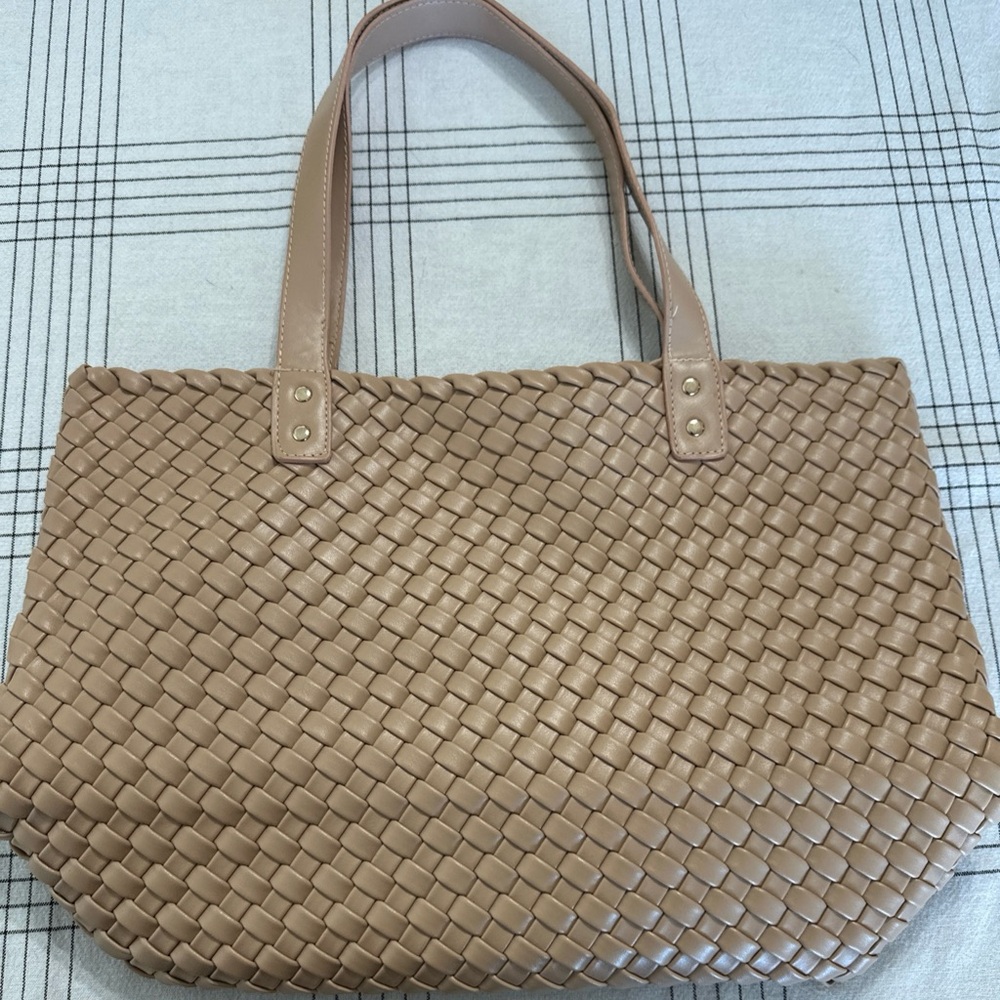 Designer Inspired Tan Light Brown Faux Leather Woven Tote Bag